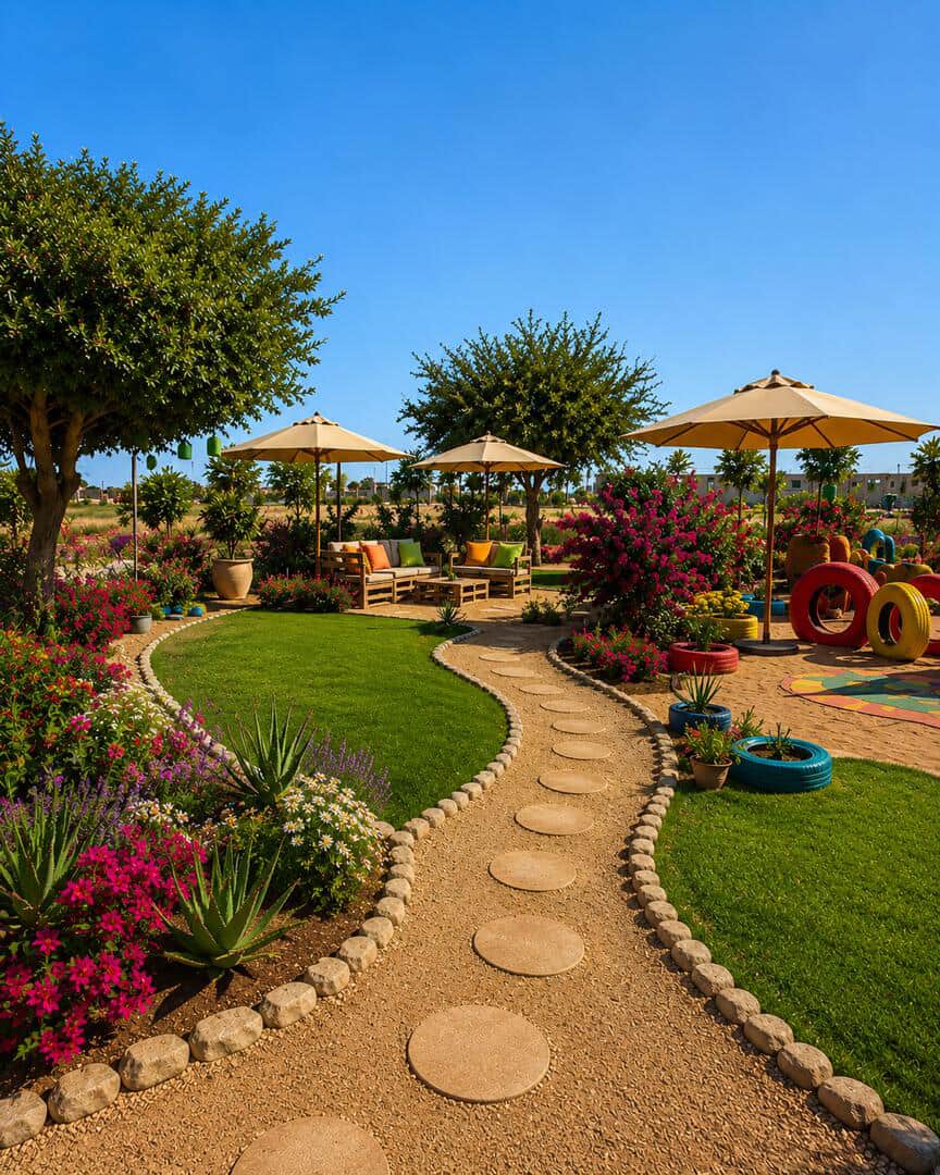 Landscaped school garden with shaded seating, lawns and a colourful tyre playground