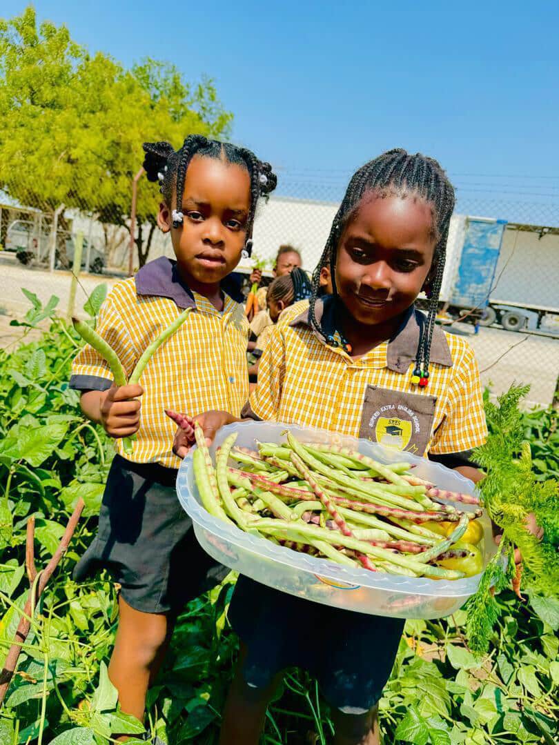 Two learners holding a tray filled with freshly harvested beans