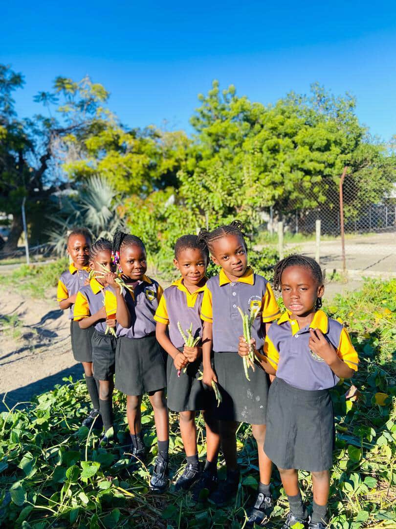 Six preschool learners holding freshly picked beans in the school garden