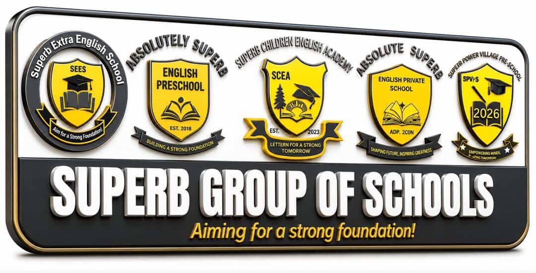 Superb Group of Schools signboard showing the five campus crests